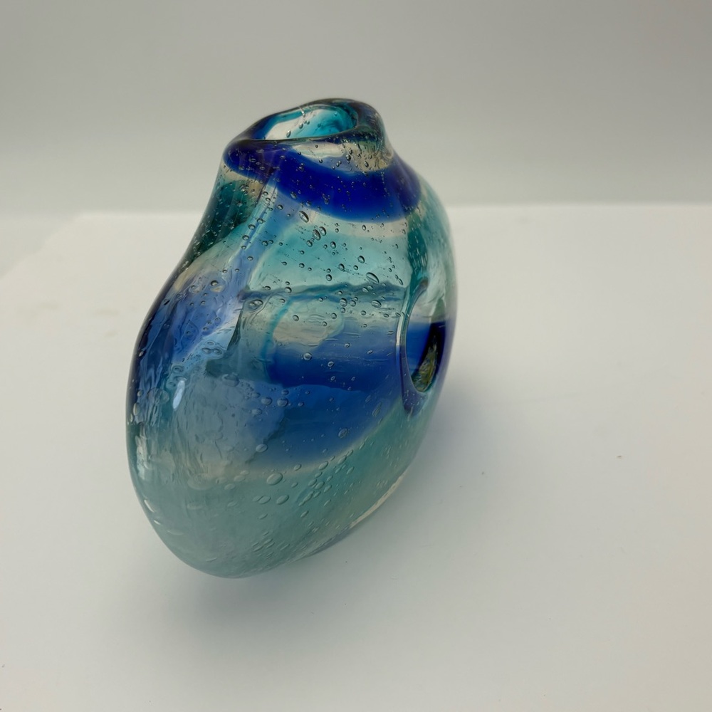 Vintage Blue and Clear Swirl Glass Donut Vase - Picture 4 of 16